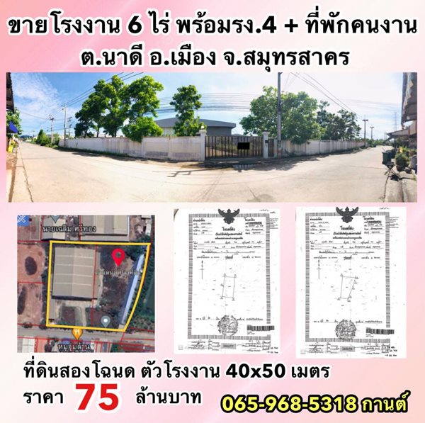 ขายโรงงานมือสองขนาด 6 ไร่ มีรง.4 พร้อมห้องพักคนงาน 12ห้อง ต.นาดี อ.เมือง จ.สมุทรสาคร โทร 065-968-5318 ขายโรงงานมือสองขนาด 6 ไร่ มีรง.4 พร้อมห้องพักคนงาน 12ห้อง ต.นาดี อ.เมือง จ.สมุทรสาคร โทร 065-968-5318